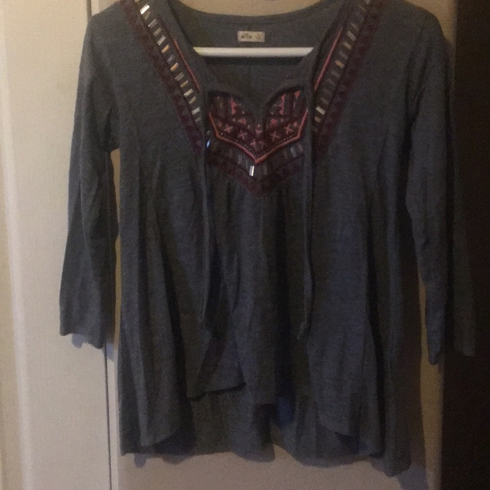Grey with Pink embroidery long sleeve shirt.
